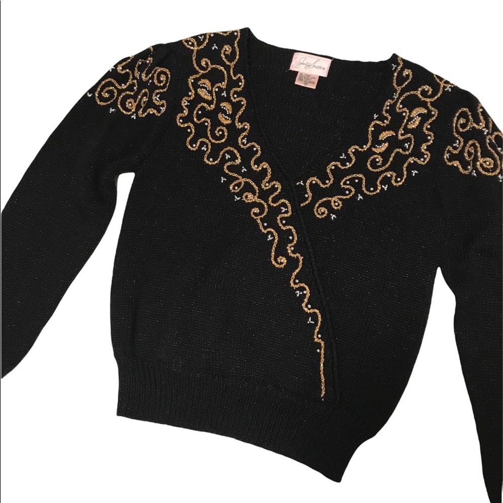 Vintage 80s Jaclyn Smith Black V-Neck Sweater with Gold Details